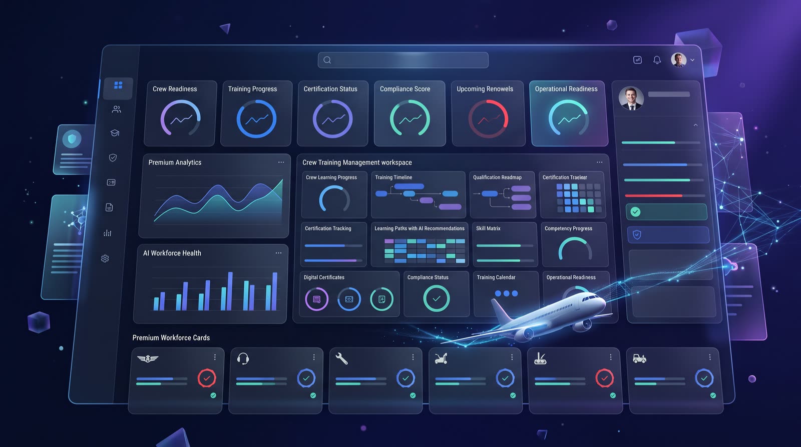 Ziora for Airlines — a crew workforce dashboard with crew readiness, training progress, certification status, compliance and operational readiness