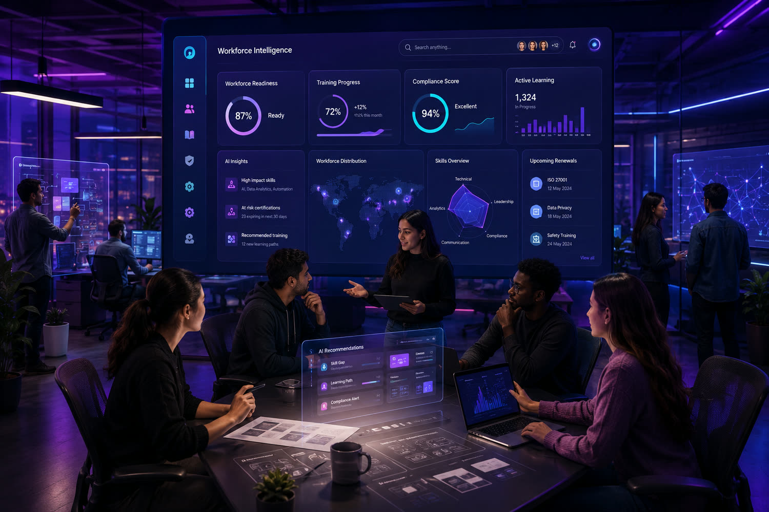 The Ziora team collaborating around a workforce-intelligence dashboard