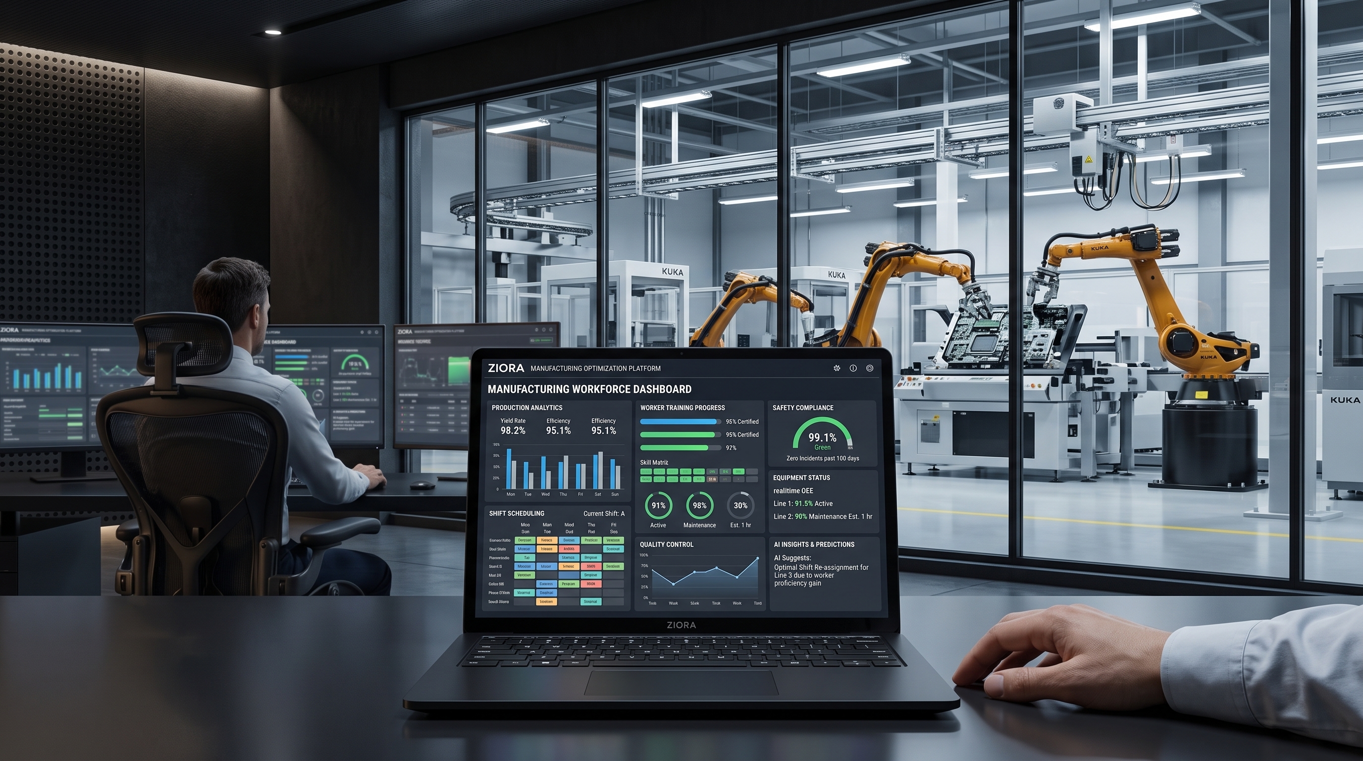 Ziora manufacturing workforce dashboard with safety training, operator onboarding and certifications