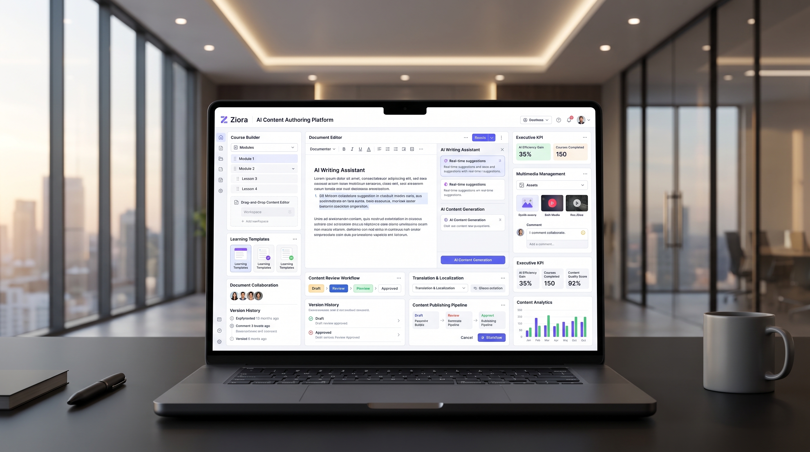 Ziora AI content authoring workspace generating courses and assessments