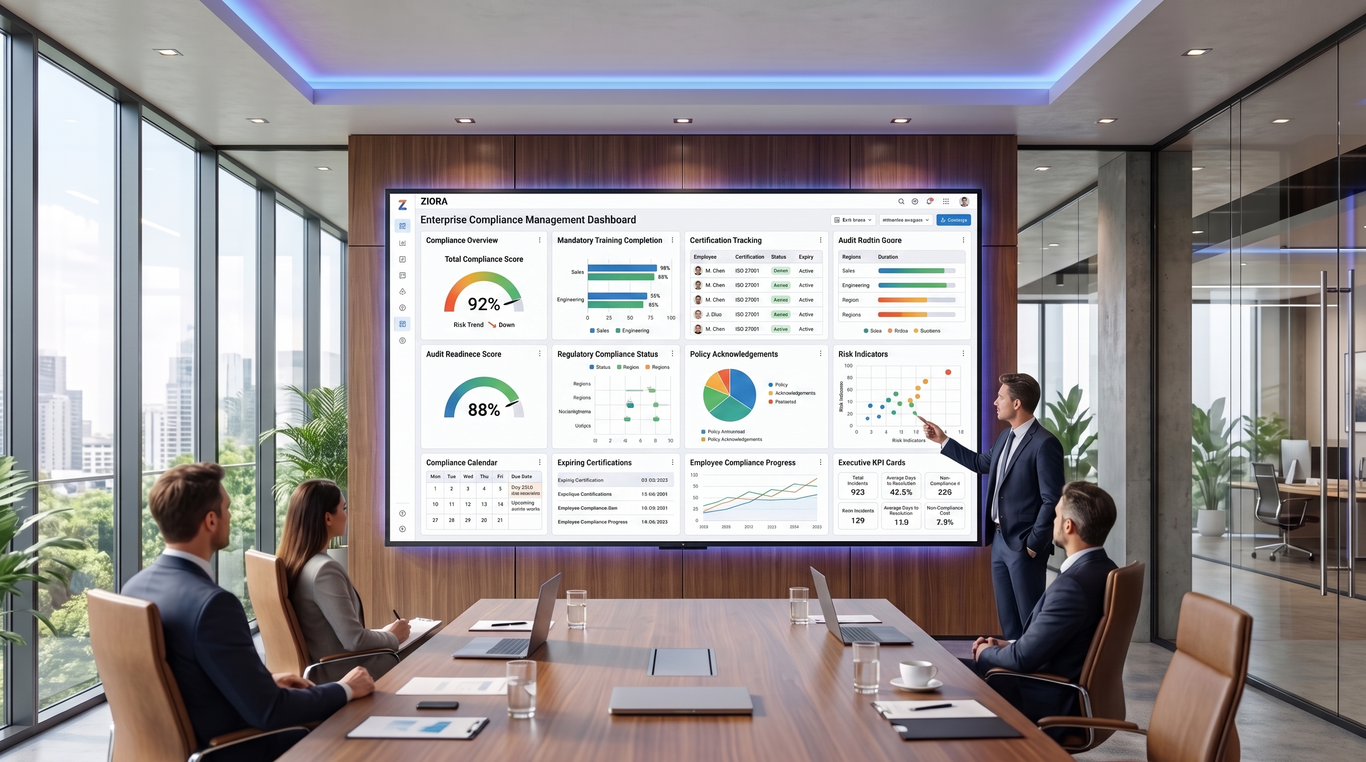 Ziora compliance dashboard tracking mandatory training, certifications and audit readiness
