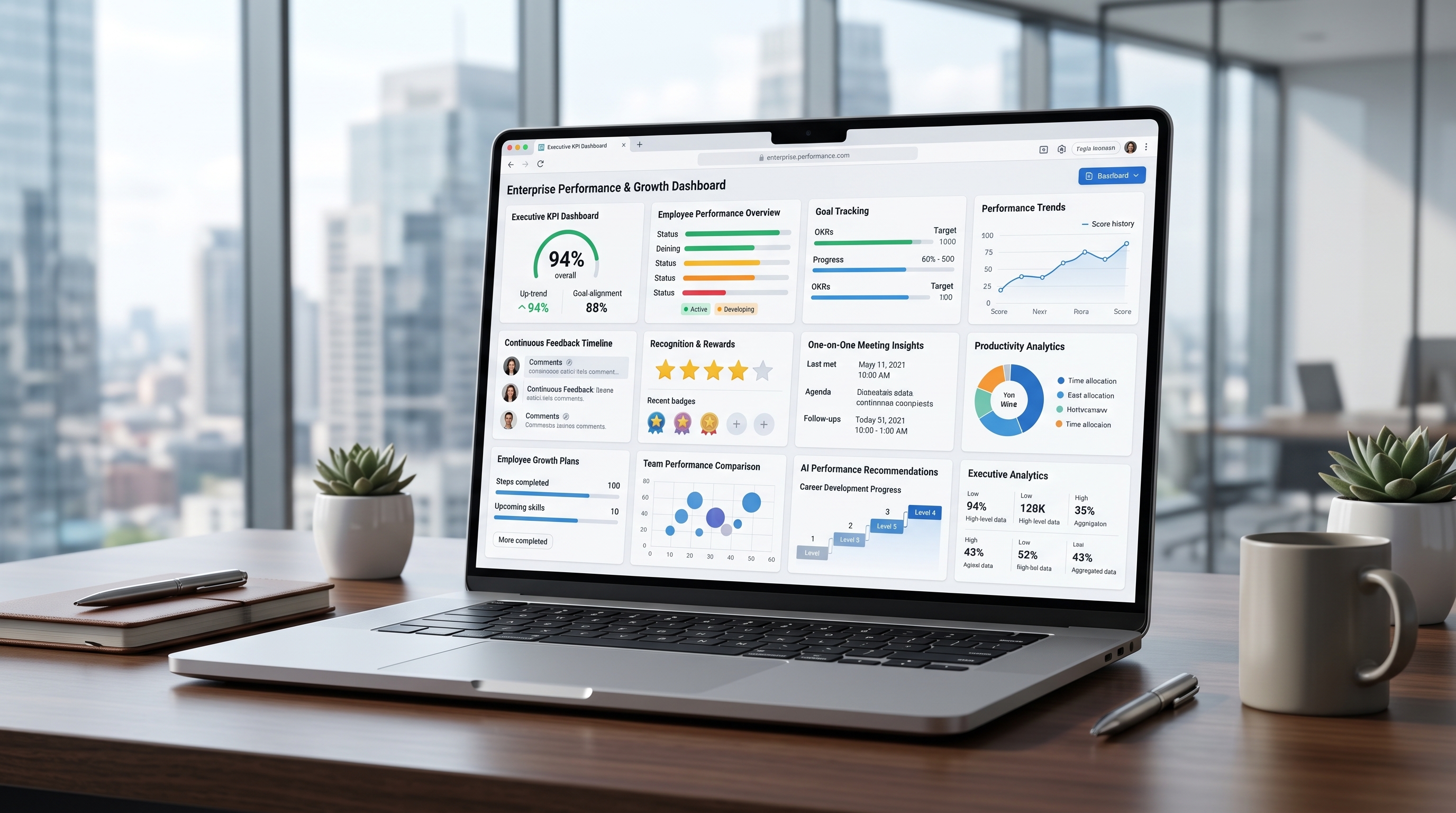 Ziora performance analytics with goals, check-ins and employee growth insights